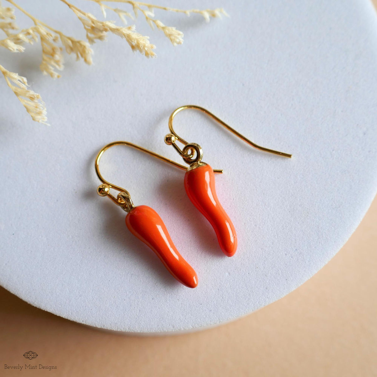 Chili Pepper Earrings, Orange Pepper Dangle, Gold Hook Earrings, Fun Earrings, Spicy Statement Earrings, Sensitive Ear & Clip-On Options