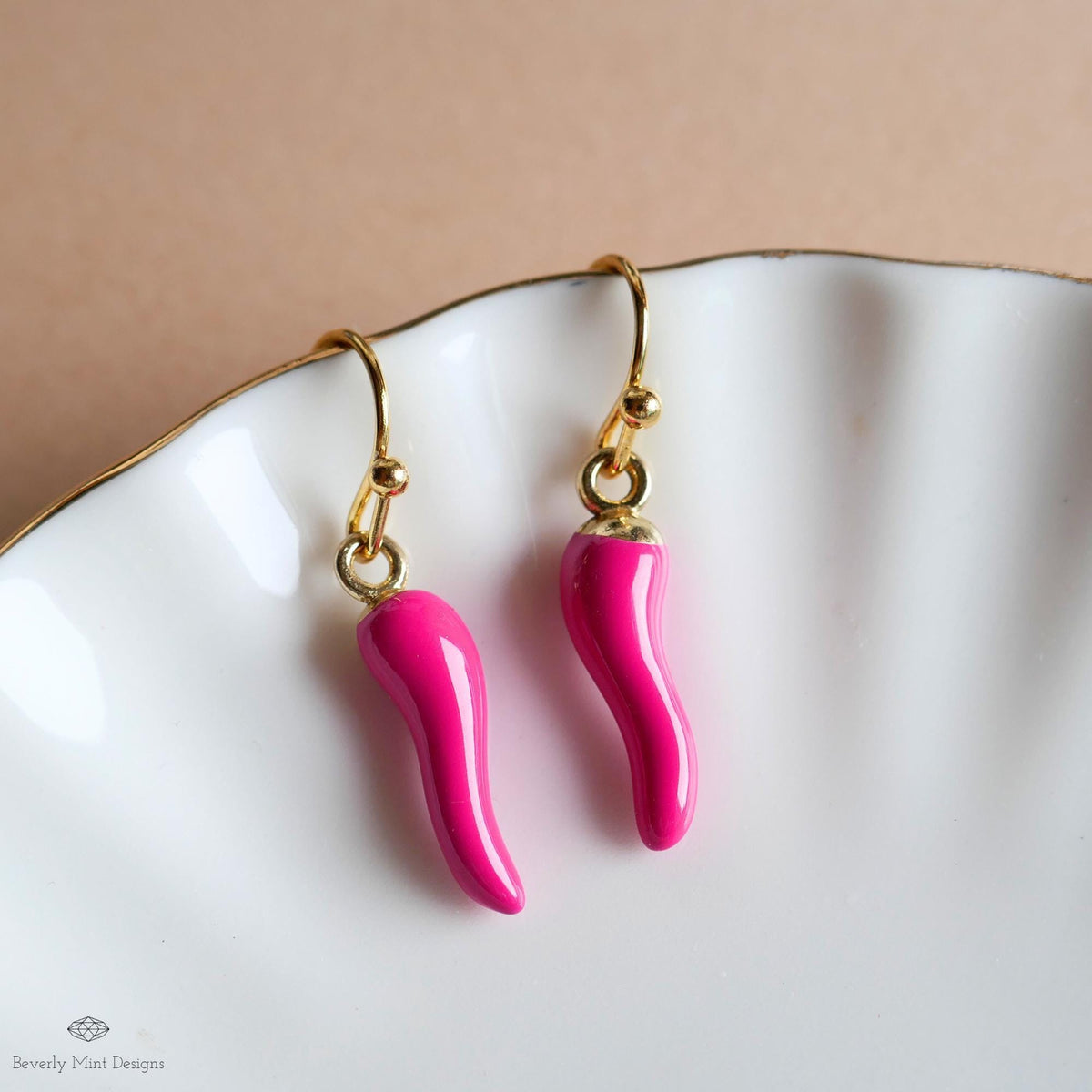 Chili Pepper Earrings, Hot Pink Pepper Dangle, Gold Hook Earrings, Fun Earrings, Spicy Statement Earrings, Sensitive Ear & Clip-On Options