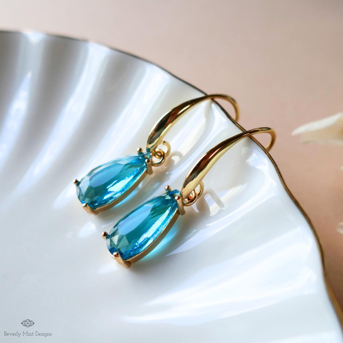 Blue Teardrop Earrings, Crystal Drop Dangle, Gold Hook Earrings, Light Blue Jewelry, Elegant, Sensitive Ear & Clip-On Options