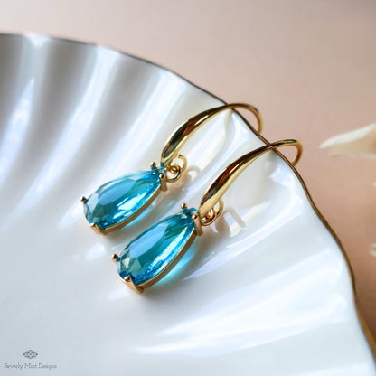 Blue Teardrop Earrings, Crystal Drop Dangle, Gold Hook Earrings, Light Blue Jewelry, Elegant, Sensitive Ear & Clip-On Options
