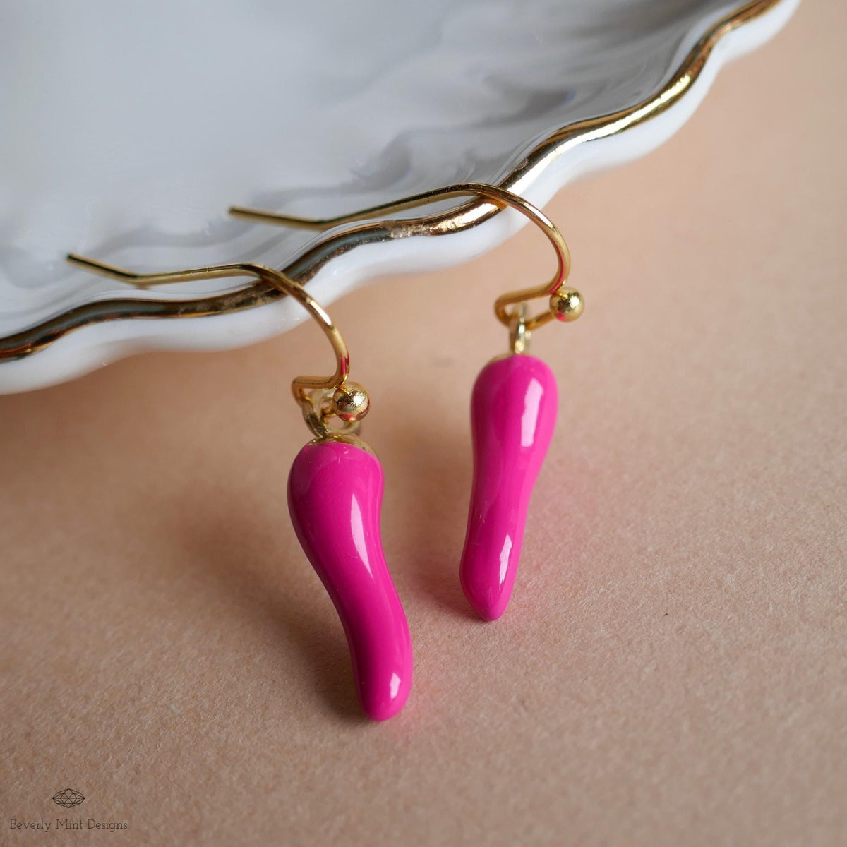 Chili Pepper Earrings, Hot Pink Pepper Dangle, Gold Hook Earrings, Fun Earrings, Spicy Statement Earrings, Sensitive Ear & Clip-On Options