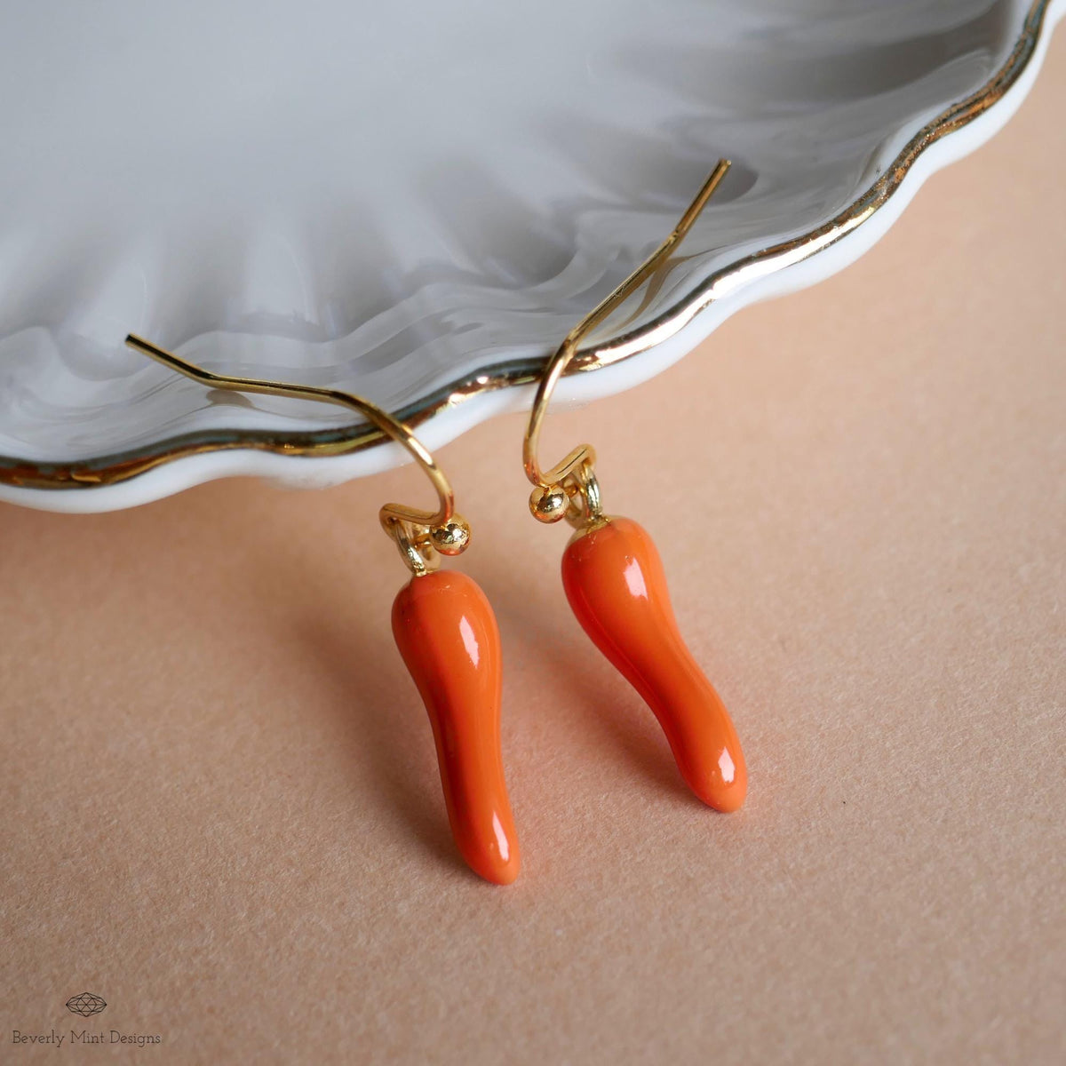 Chili Pepper Earrings, Orange Pepper Dangle, Gold Hook Earrings, Fun Earrings, Spicy Statement Earrings, Sensitive Ear & Clip-On Options