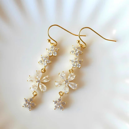 Crystal Flower Drop Earrings - Elegant Wedding Jewelry, Bridal Statement Earrings, Sensitive Ear & Clip-On Options