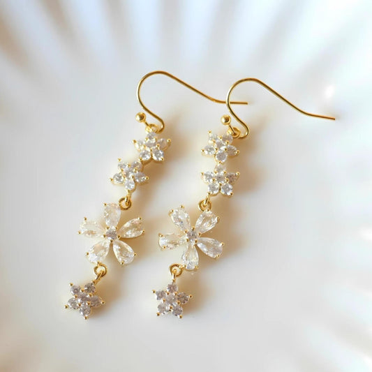 Crystal Flower Drop Earrings - Elegant Wedding Jewelry, Bridal Statement Earrings, Sensitive Ear & Clip-On Options