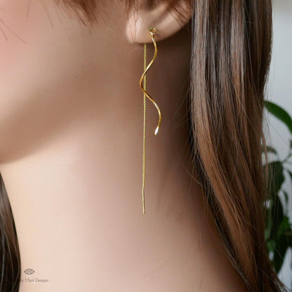 Gold Twirl Earrings, Gold Drop Earrings, Minimalist Twirl Earrings, Wavy Earrings, Gold Threader Earrings, Sensitive Ear & Clip-On Options