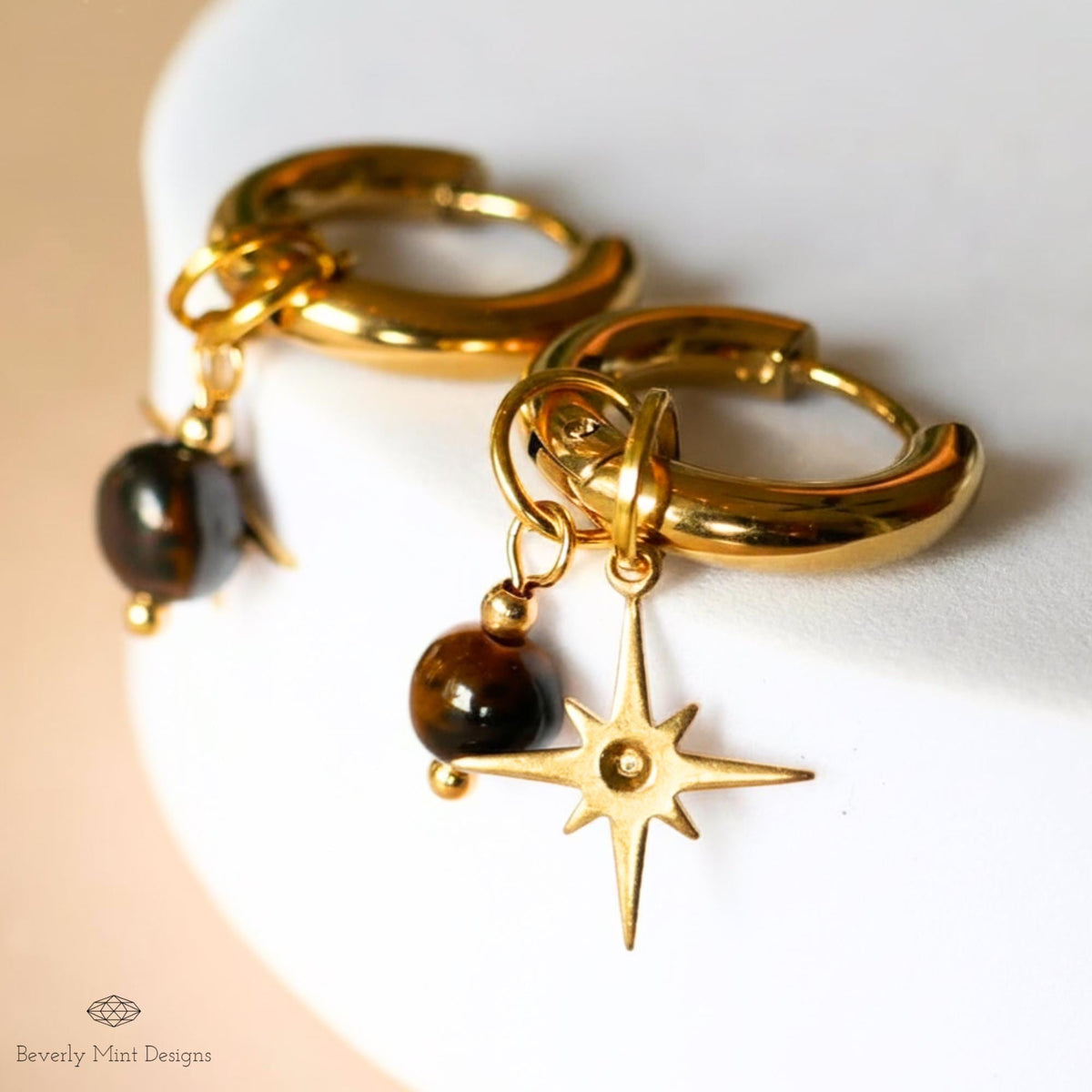 Gold Star Hoop Earrings, Tiger Eye Earrings, Boho Hoop Earrings, Minimalist Gold Hoops, Natural Stone Jewelry, Gift For Her