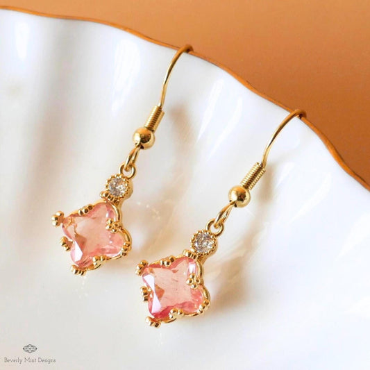 Pink Crystal Earrings, Small Dainty Earrings, Cute Gold Earrings, Minimalist Jewelry, Sensitive Ear & Clip-On Options