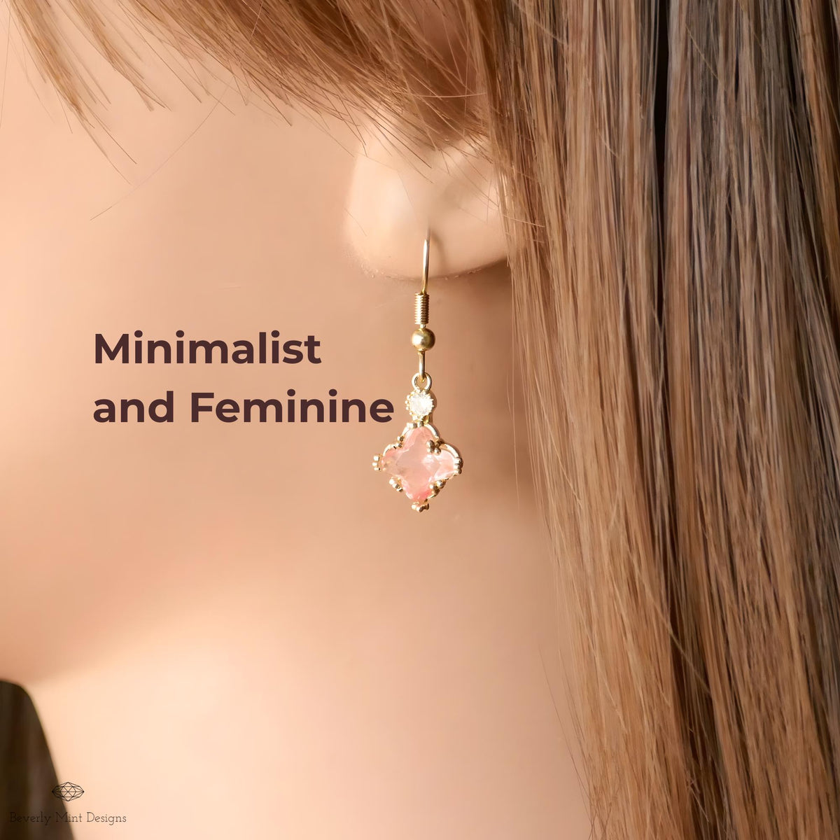 Pink Crystal Earrings, Small Dainty Earrings, Cute Gold Earrings, Minimalist Jewelry, Sensitive Ear & Clip-On Options