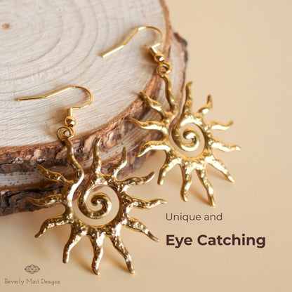 Sun Earrings, 18K Gold Boho Sun Earrings, Bohemian Style Earrings, Gold Sunburst Earrings, Bohemian Jewelry, Unique Gift For Her