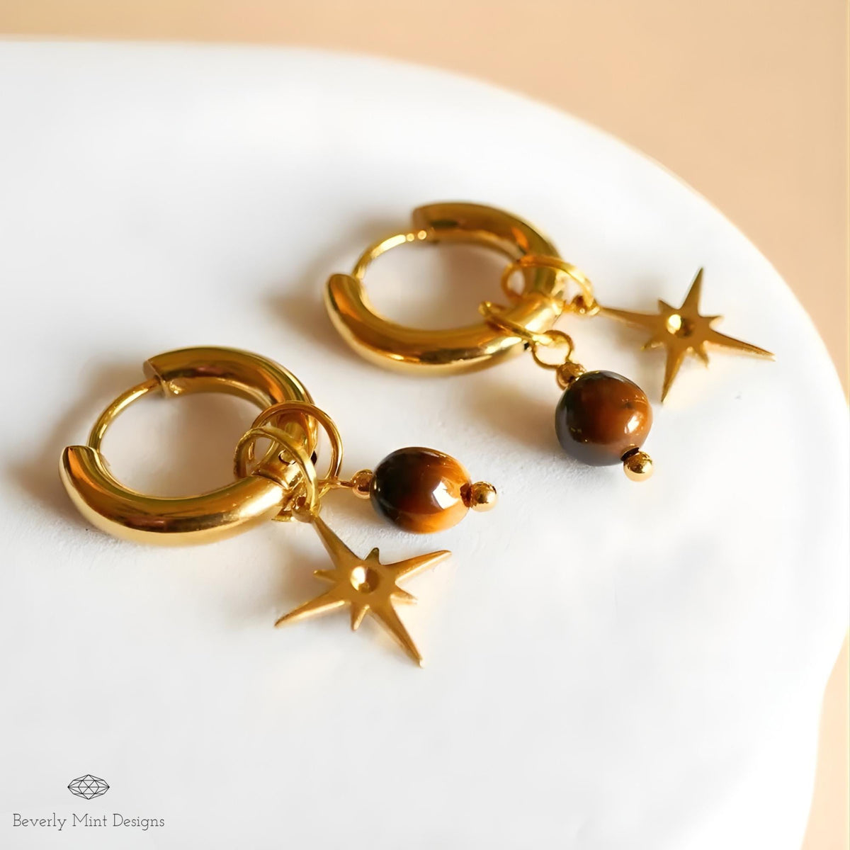 Gold Star Hoop Earrings, Tiger Eye Earrings, Boho Hoop Earrings, Minimalist Gold Hoops, Natural Stone Jewelry, Gift For Her