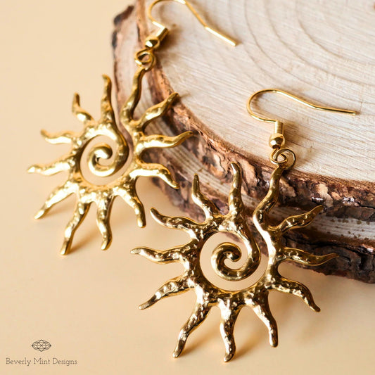 Sun Earrings, 18K Gold Boho Sun Earrings, Bohemian Style Earrings, Gold Sunburst Earrings, Bohemian Jewelry, Unique Gift For Her