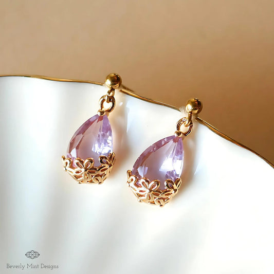 Gold Lavender Teardrop Earrings, Light Purple Floral Crystal Dangle, Minimalist Jewelry