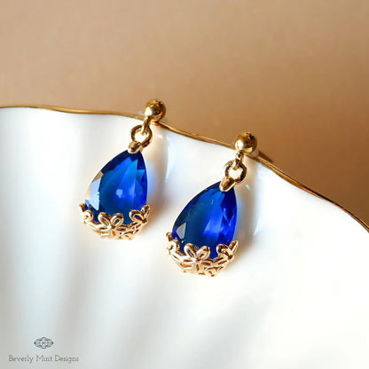 Gold Plated Blue Teardrop Earrings, Floral Crystal Studs, Minimalist Wedding Jewelry