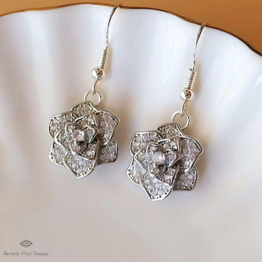 Rose Earring Silver Dangle Earring, Sparkling Crystal Flower Drop Earrings, Sensitive Ear & Clip-On Options