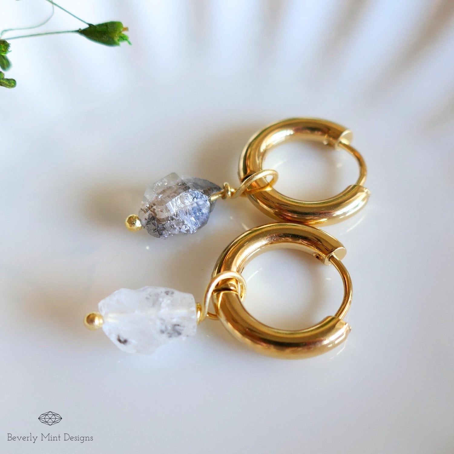 Raw Herkimer Diamond Huggie Hoop Earrings, 18K Gold Plated, April Birthstone