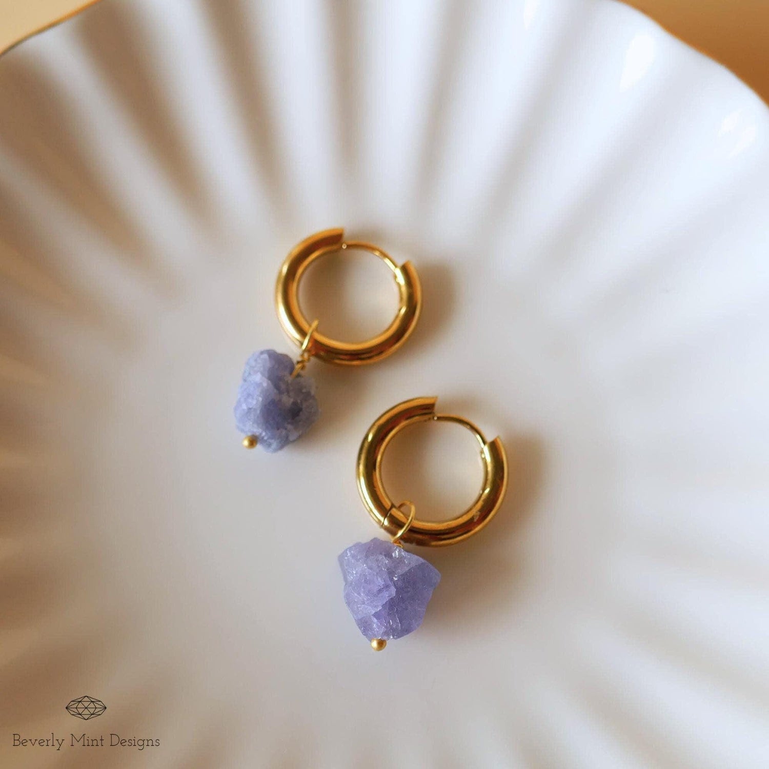 Raw Tanzanite Stone Earrings, 18K Gold Huggie Hoop Earrings with December Birthstone, Blue Earrings, Lavender/Lilac Stone  , Chakra Stone