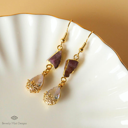 Pink Tourmaline Raw Stone Earrings with CZ, 18K Gold Birthstone Jewelry, Raw Stone Earrings, Chakra, Sensitive Ear & Clip-On Options
