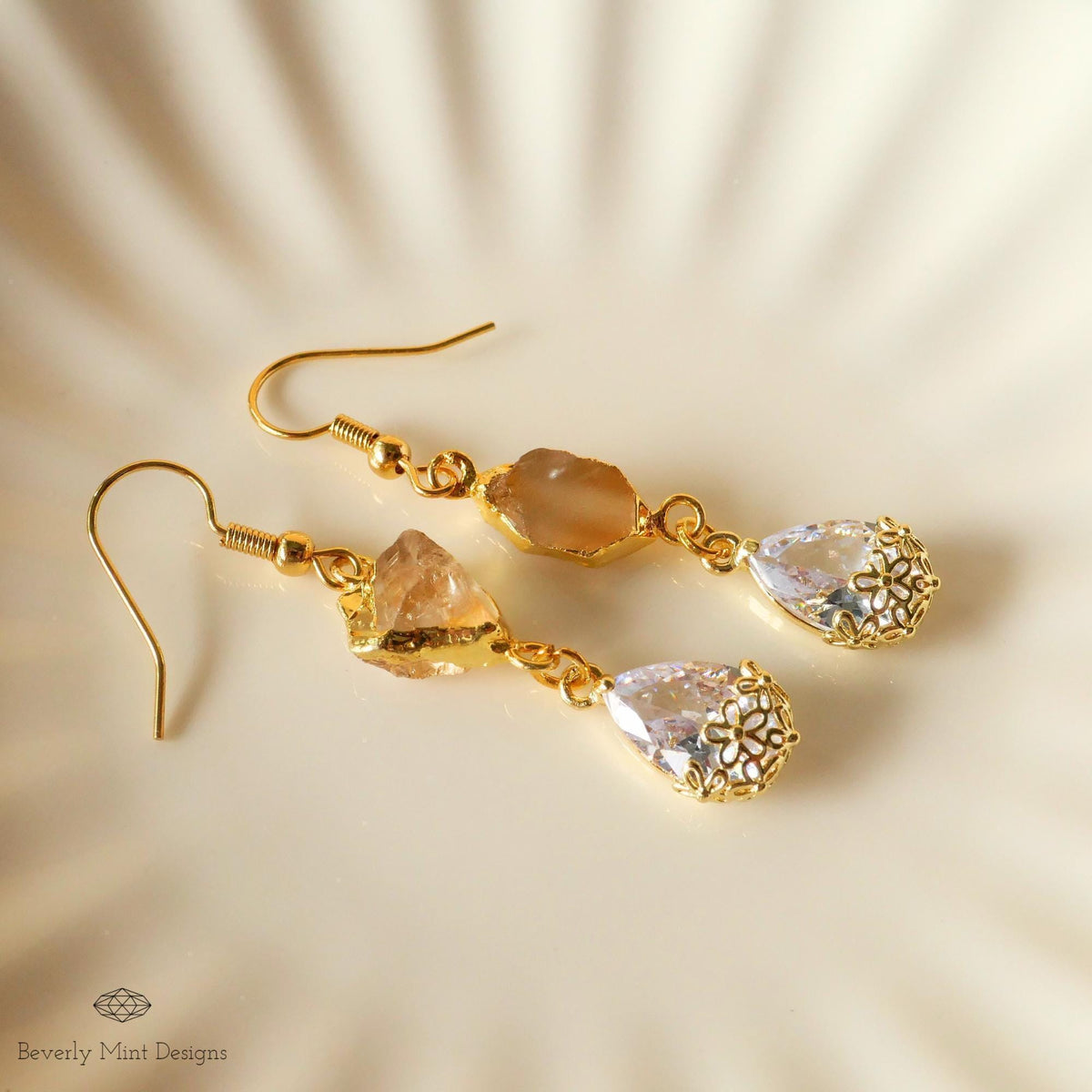 Citrine Raw Stone Earrings with CZ, 18K Gold Birthstone Jewelry, Raw Stone Earrings, Yellow Earrings, Sensitive Ear & Clip-On Options