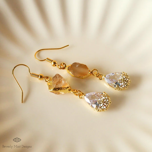 Citrine Raw Stone Earrings with CZ, 18K Gold Birthstone Jewelry, Raw Stone Earrings, Yellow Earrings, Sensitive Ear & Clip-On Options