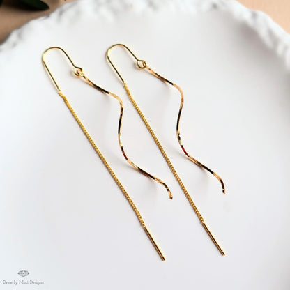 Gold Threader Earrings, Minimalist Wave Drop Earrings, Long Dainty Gold Earrings, Lightweight Elegant Jewelry, Gift For Her