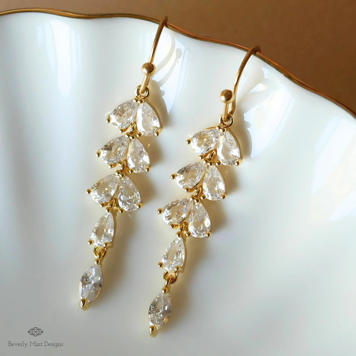 [Etsy 1498382213 image 1/7 id 7945119816] Gold Zircon Leaf Bridal Earrings, Hook, Stud or Threader