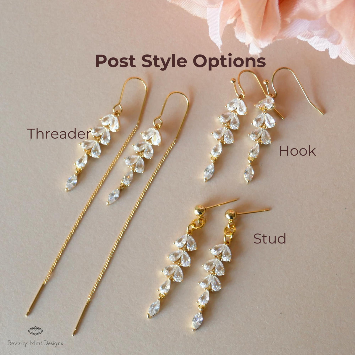 [Etsy 1498382213 image 7/7 id 7945120646] Gold Zircon Leaf Bridal Earrings, Hook, Stud or Threader