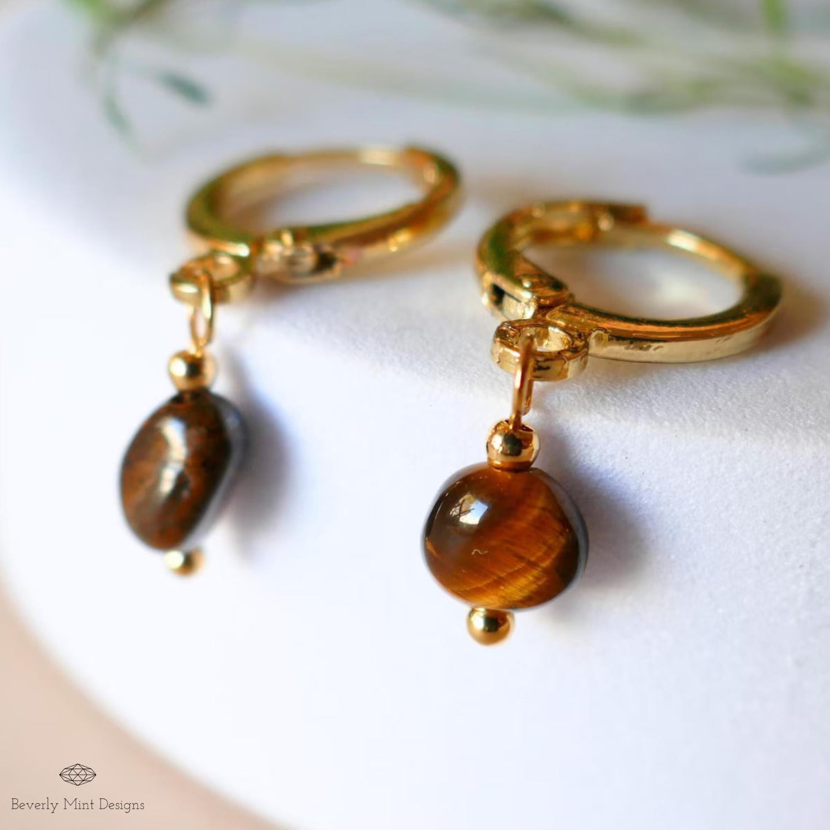 Tiger and #39;s Eye Gold Hoop Earrings , Minimalist Dangle Hoops for Women, Sensitive Ear & Clip-On Options