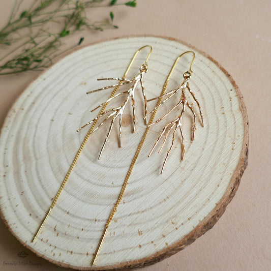 Gold Branch Threader Earrings, Long Dangle Earrings, Nature Inspired Jewelry, Minimalist Earrings, Sensitive Ear & Clip-On Options