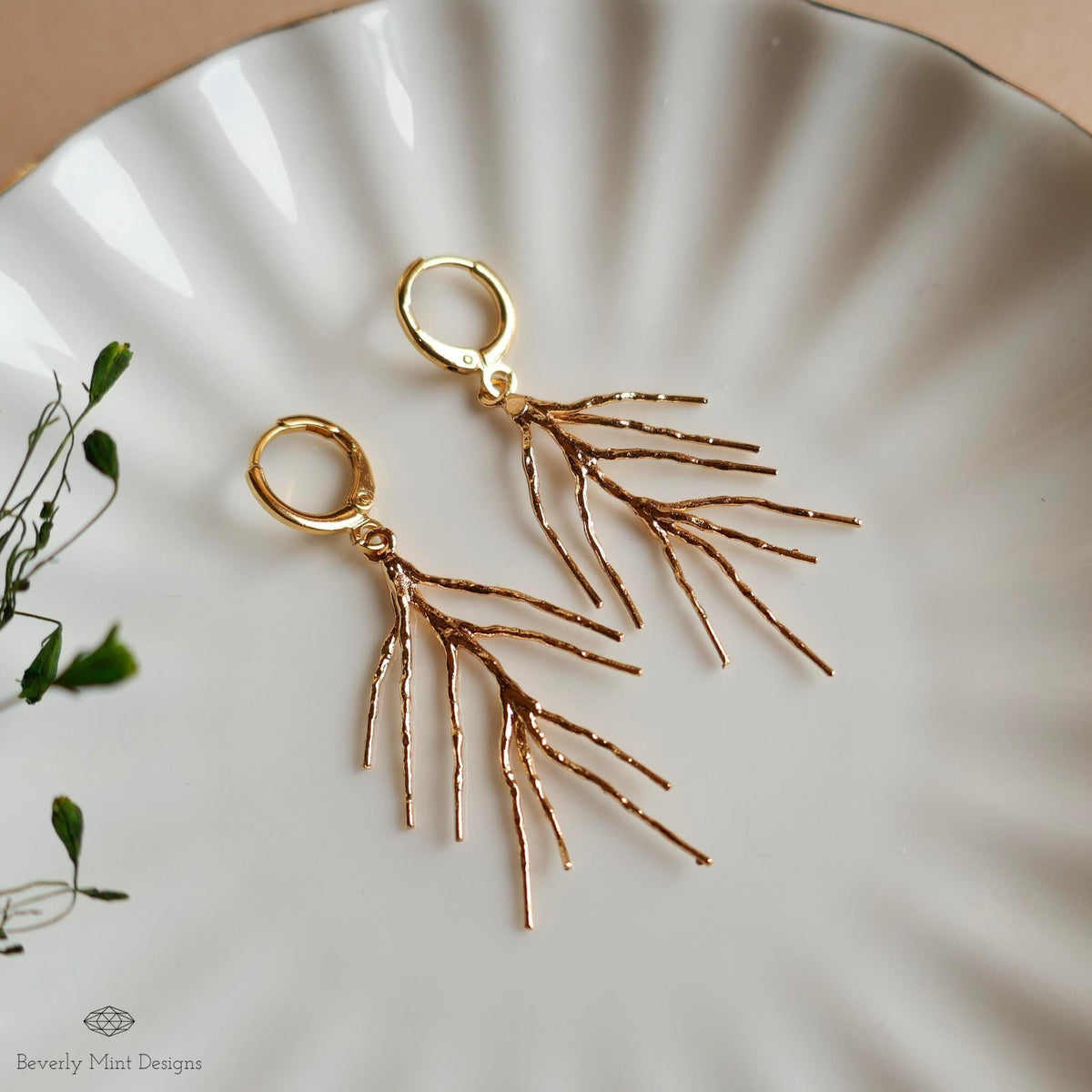 Gold Branch Dangle Earrings, Long Dangle Earrings, Nature Inspired Jewelry, Minimalist Earrings, Sensitive Ear & Clip-On Options
