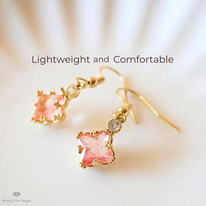 Pink Crystal Earrings, Small Dainty Earrings, Cute Gold Earrings, Minimalist Jewelry, Sensitive Ear & Clip-On Options