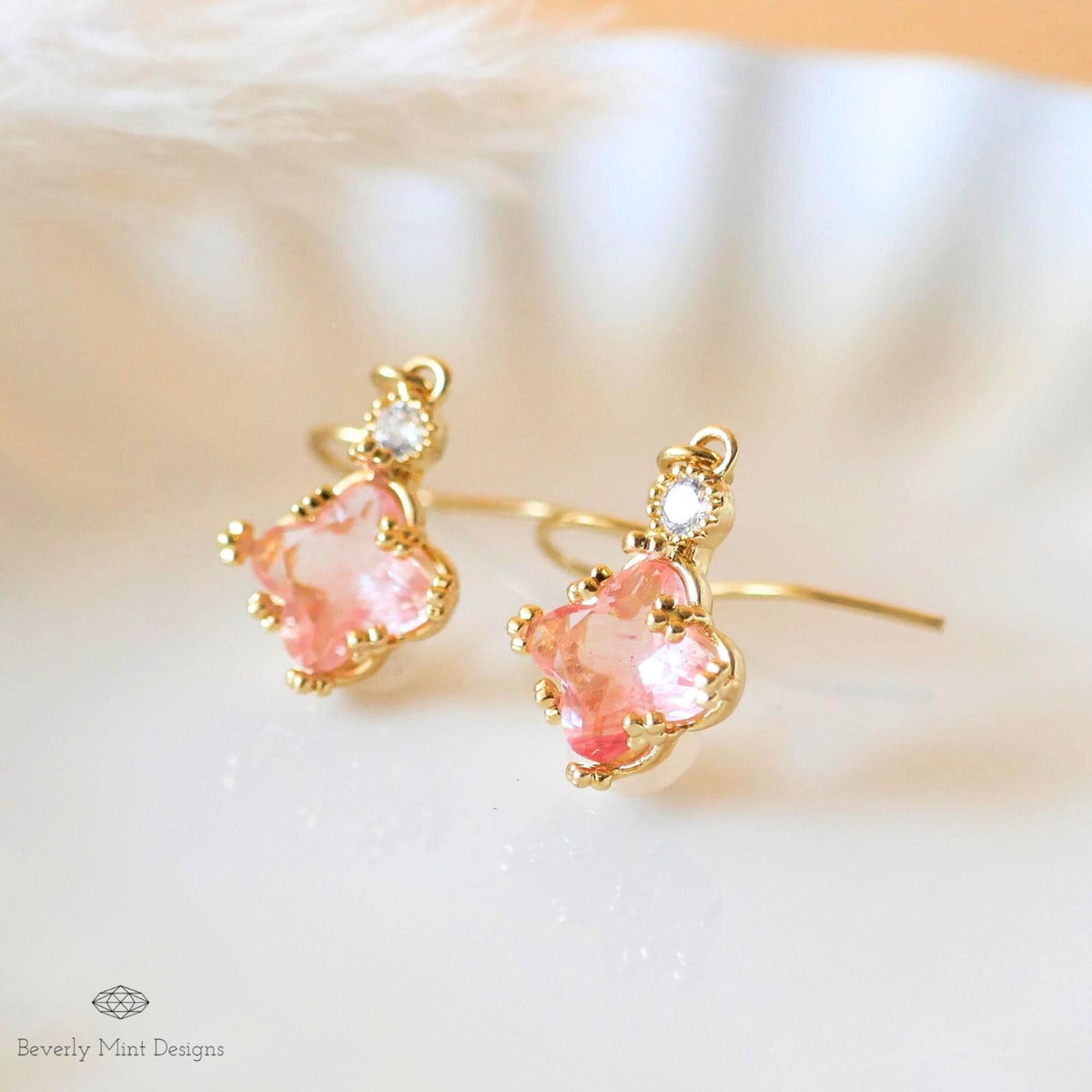 Pink Crystal Earrings, Small Dainty Earrings, Cute Gold Earrings, Minimalist Jewelry, Sensitive Ear & Clip-On Options