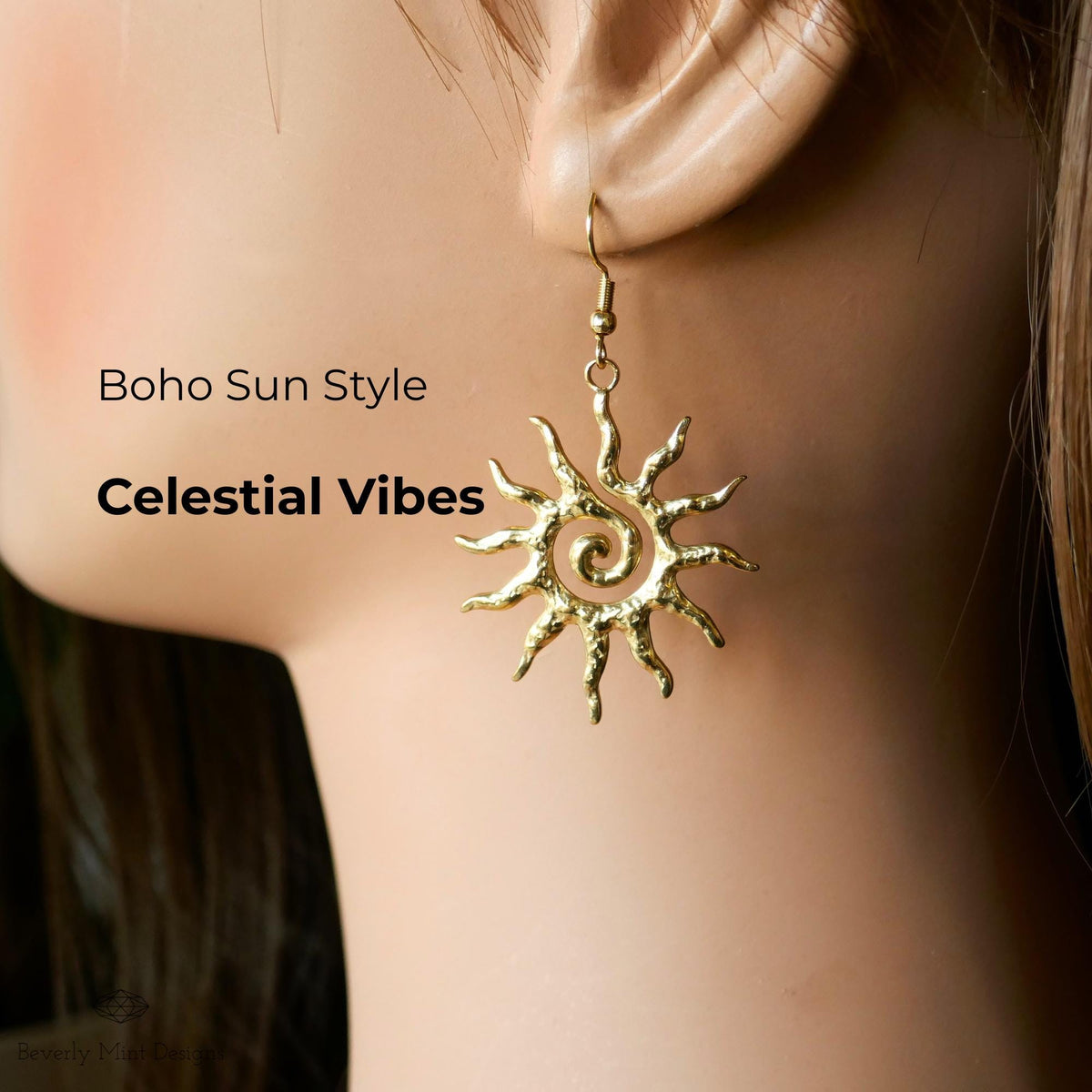 Sun Earrings, 18K Gold Boho Sun Earrings, Bohemian Style Earrings, Gold Sunburst Earrings, Bohemian Jewelry, Unique Gift For Her
