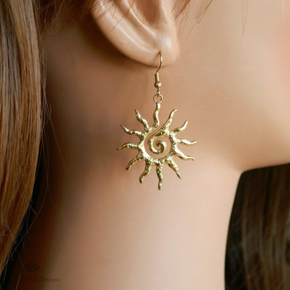 Sun Earrings, 18K Gold Boho Sun Earrings, Bohemian Style Earrings, Gold Sunburst Earrings, Bohemian Jewelry, Unique Gift For Her