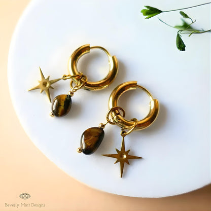 Gold Star Hoop Earrings, Tiger Eye Earrings, Boho Hoop Earrings, Minimalist Gold Hoops, Natural Stone Jewelry, Gift For Her
