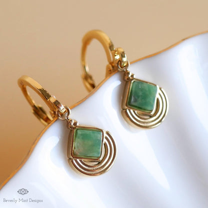 Vintage Green Earrings Gold, Boho Green Earrings, Statement Earrings, Antique Style Jewelry, Sensitive Ear & Clip-On Options