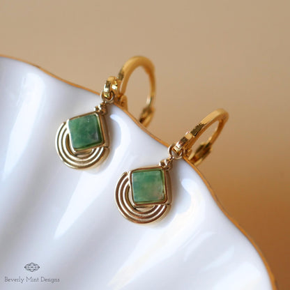 Vintage Green Earrings Gold, Boho Green Earrings, Statement Earrings, Antique Style Jewelry, Sensitive Ear & Clip-On Options