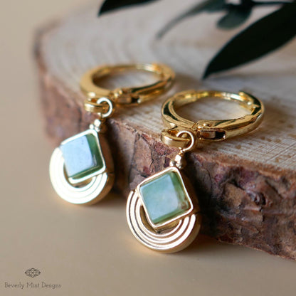 Vintage Green Earrings Gold, Boho Green Earrings, Statement Earrings, Antique Style Jewelry, Sensitive Ear & Clip-On Options