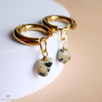 Dalmatian Jasper Earrings, Gold Huggie Hoop Earrings, Zebra Rock Jewelry, Dainty Stone Hoops, Minimalist Gift for Her, Boho Earrings