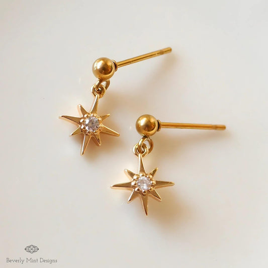18K Gold Plated Starburst Dangle Earrings, Minimalist Celestial Jewelry