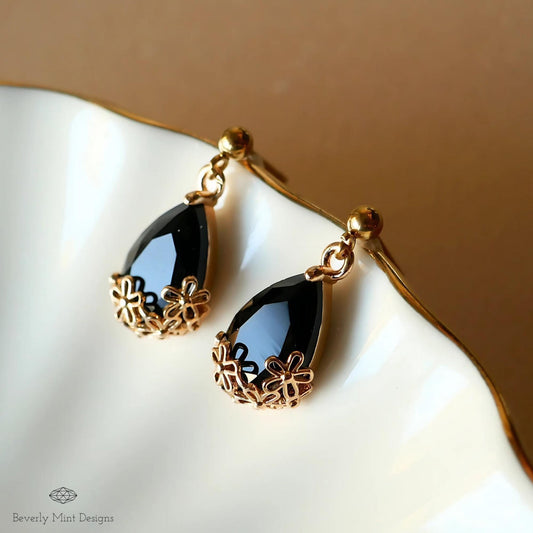 Gold Black Teardrop Earrings, Floral Crystal Dangle Jewelry, Elegant Minimalist Design
