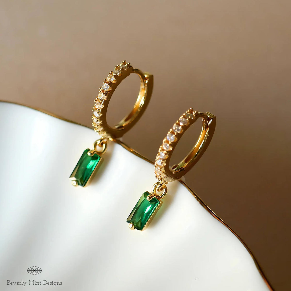 Gold Pave Hoop Earrings, Green Stone Drop Earrings, Dainty Huggie Hoops, Minimalist Jewelry for Women, Elegant