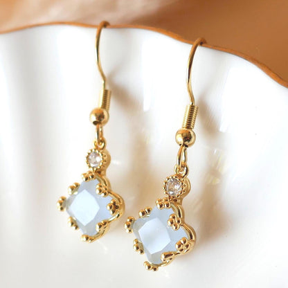 18K Gold Dainty Charm Earrings, Light Blue Earrings, Pale Blue Earrings, Drop and Dangle Earrings, Sensitive Ear & Clip-On Options