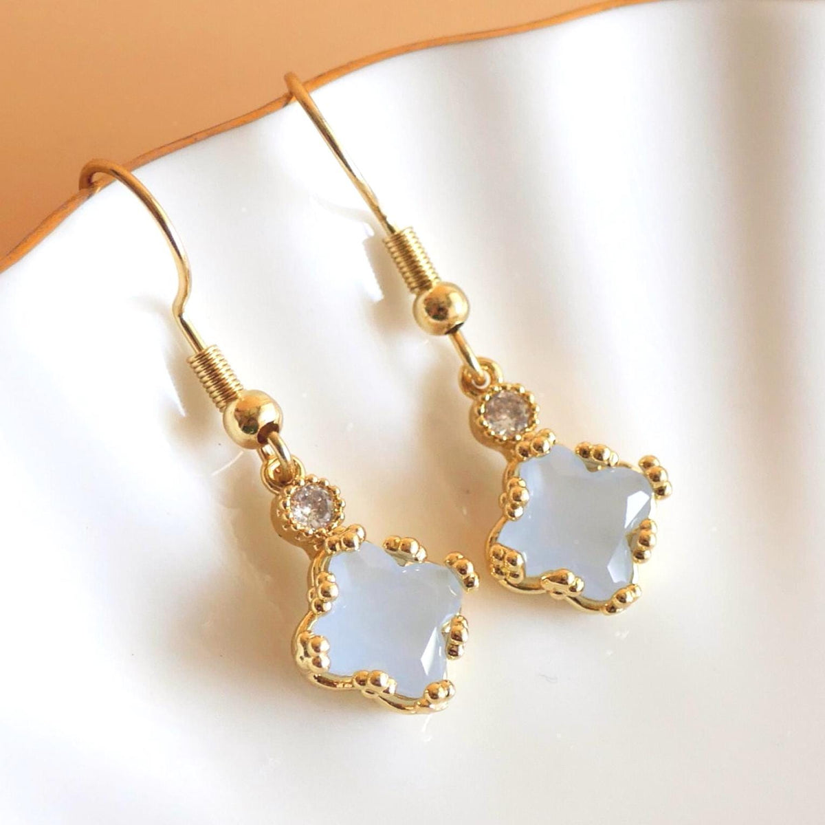 18K Gold Dainty Charm Earrings, Light Blue Earrings, Pale Blue Earrings, Drop and Dangle Earrings, Sensitive Ear & Clip-On Options