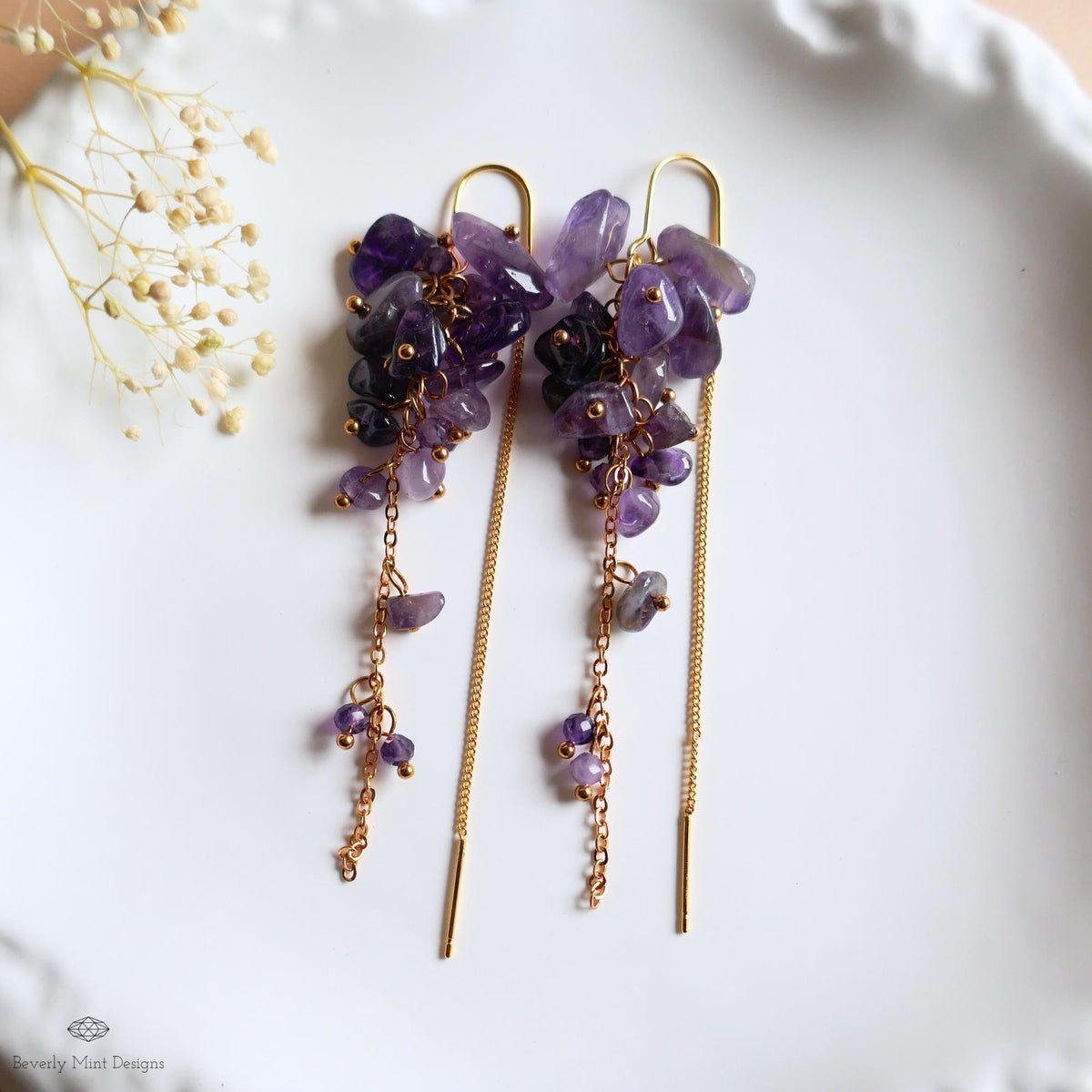 Amethyst Cluster Threader Earrings Gold Chain Dangle Earrings Statement Gemstone Jewelry, Sensitive Ear & Clip-On Options