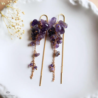 Amethyst Cluster Threader Earrings Gold Chain Dangle Earrings Statement Gemstone Jewelry, Sensitive Ear & Clip-On Options