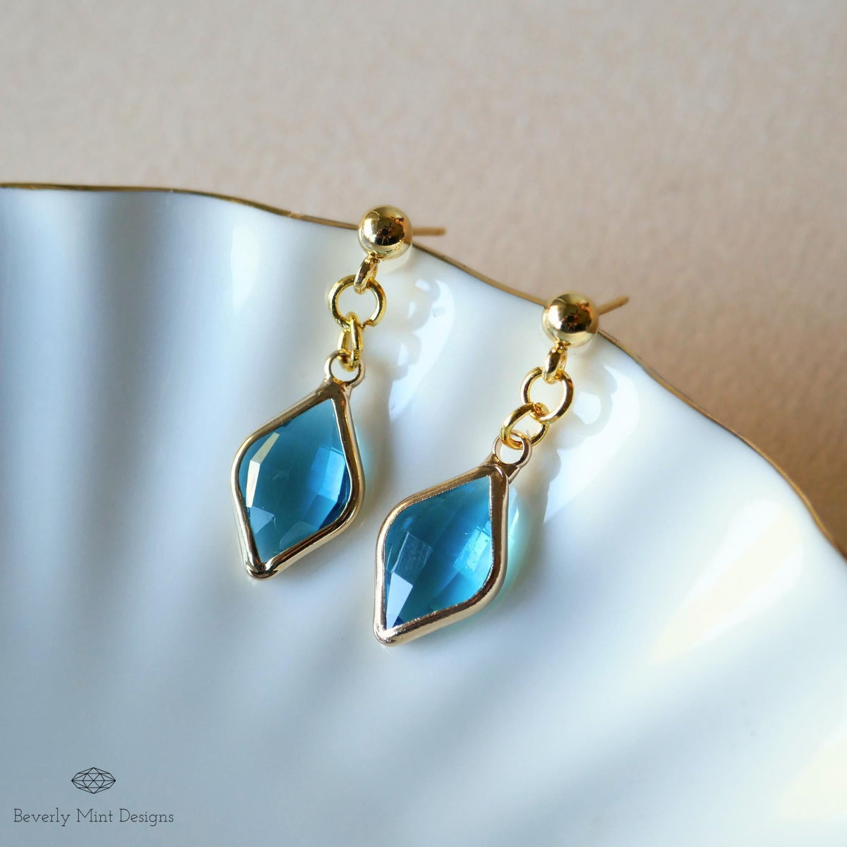 18K Gold Plated Blue Crystal Drop Earrings, Minimalist Glass Dangle Jewelry