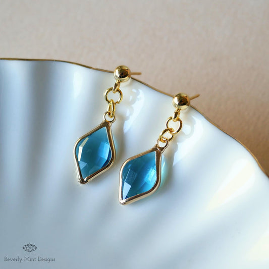 18K Gold Plated Blue Crystal Drop Earrings, Minimalist Glass Dangle Jewelry