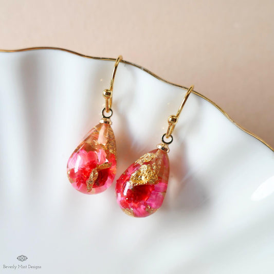 Red Pressed Flower Resin Earrings Teardrop Dangle Earrings Dry Flower Gold Hoop Botanical Jewelry Handmade, Sensitive Ear & Clip-On Options