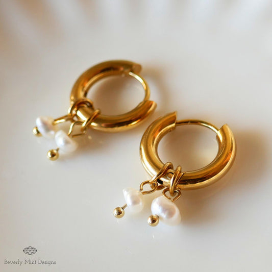 Mini Pearl with Chunky Huggie Earrings , Small Pearls , Pearl Glow , Minimalist Pearl Huggie Earrings,