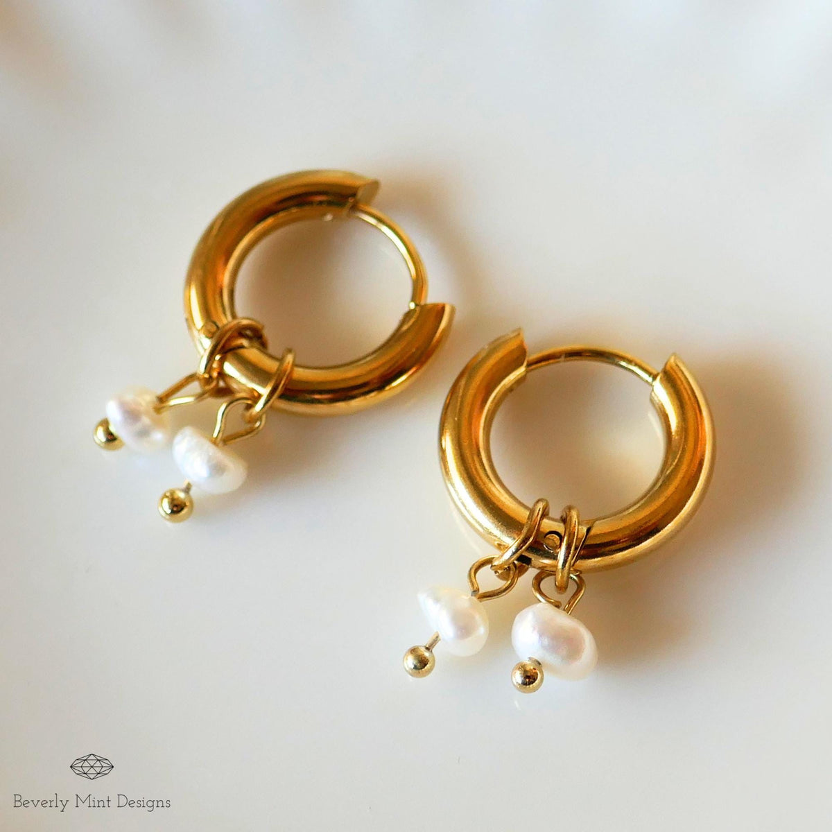 Mini Pearl with Chunky Huggie Earrings , Small Pearls , Pearl Glow , Minimalist Pearl Huggie Earrings,